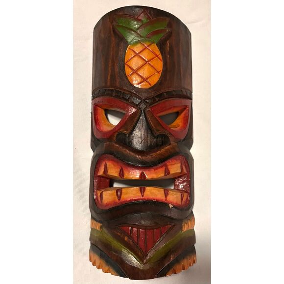 Tiki Mask with Pineapple Design, Hand Painted, Made in Indonesia, 9.75" tall - Picture 1 of 4